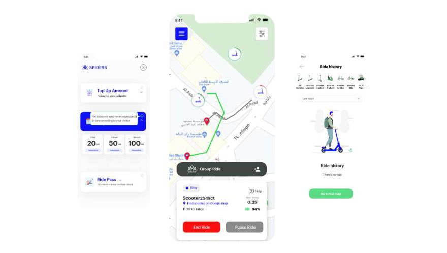 Spiders e-scooter app screens